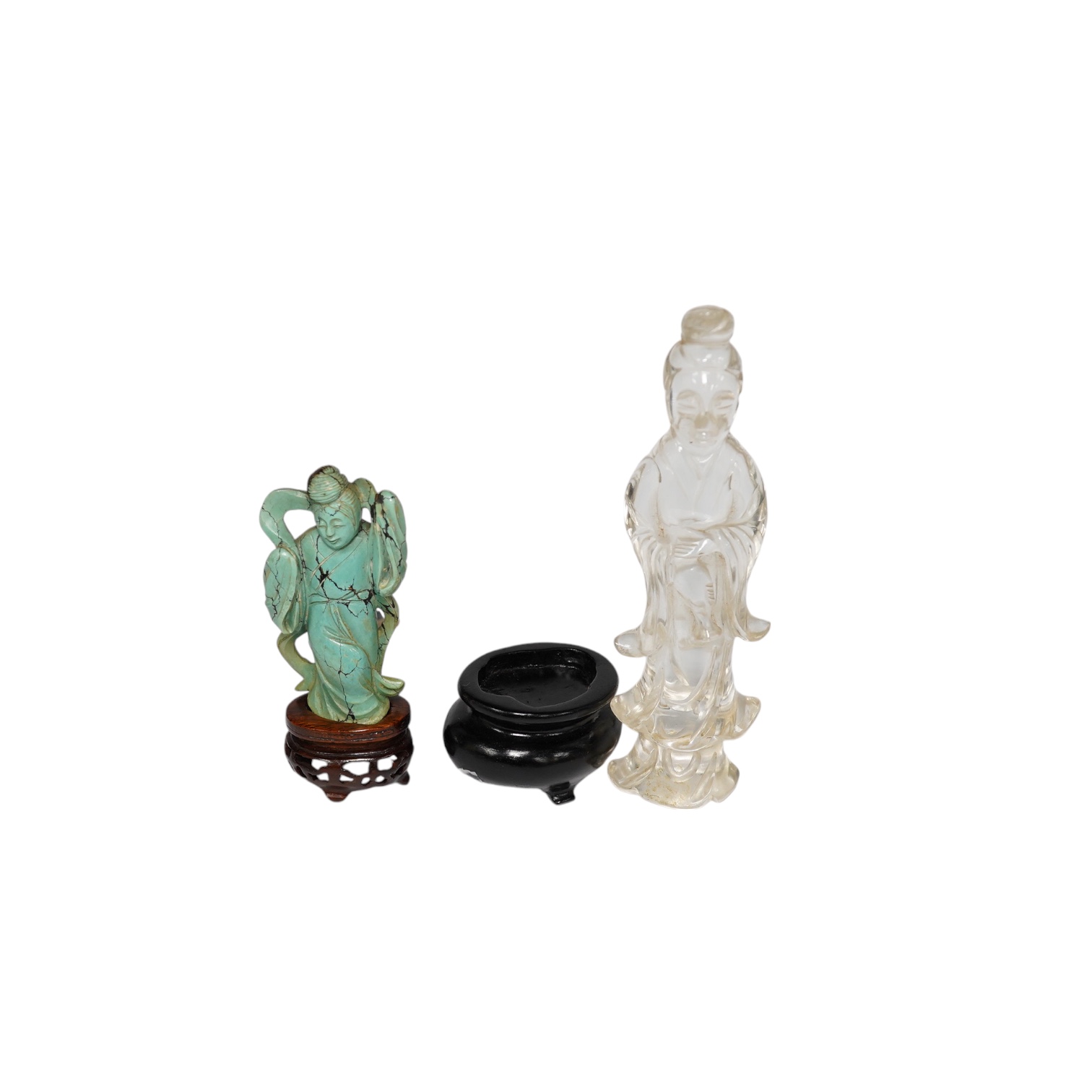 A Chinese rock crystal standing figure of Guanyin and a turquoise matrix figure of a lady, largest 12cm high (2). Condition - fair